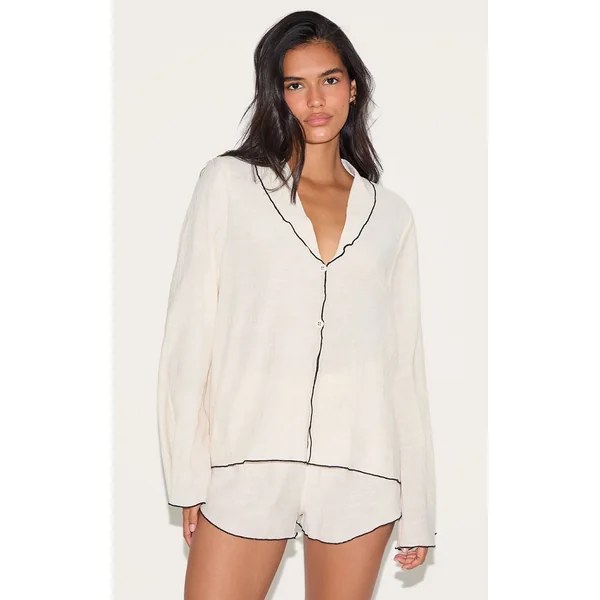 Sand Linen Look Textured Contrast Trim Floaty Shorts