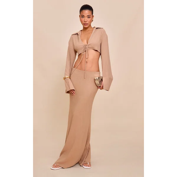 Sand Linen-Blend Column Maxi Skirt