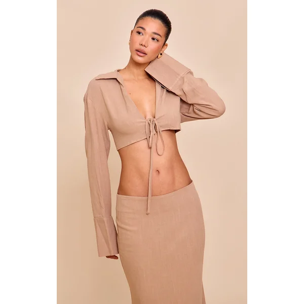 Sand Linen-Blend Tie Front Cropped Shirt