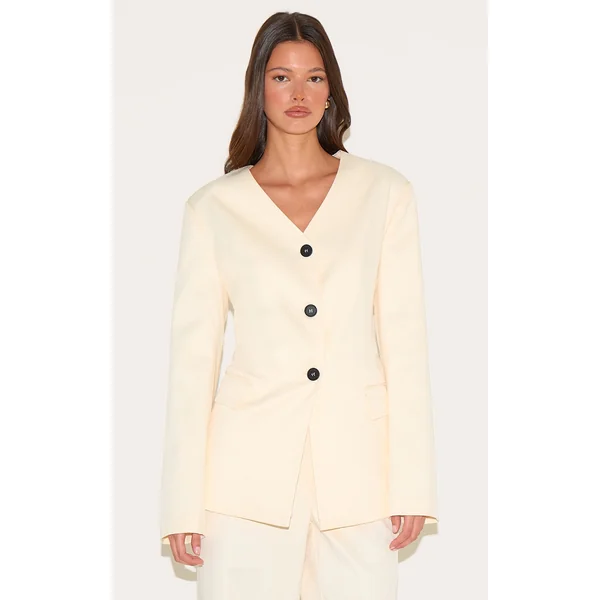 Sand Premium Tailored Collarless Button Up Fitted Blazer