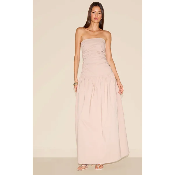 Sand Stretch Woven Bandeau Ruched Maxi Dress