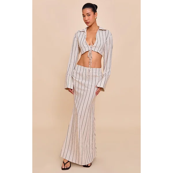 Sand Striped Linen-Blend Column Maxi Skirt