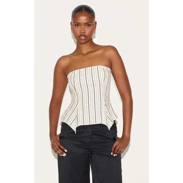 Sand Striped Linen-Blend Peplum Bandeau Top
