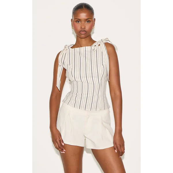 Sand Striped Linen-Blend Shoulder Tie Detail Top