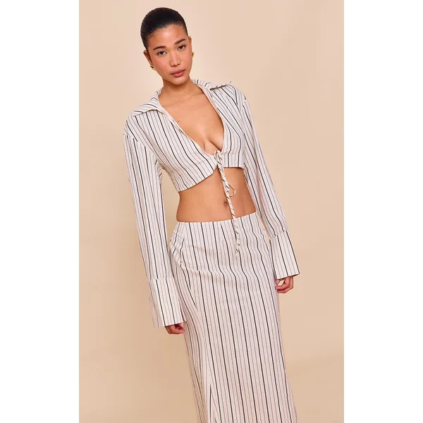 Sand Striped Linen-Blend Tie Front Cropped Shirt