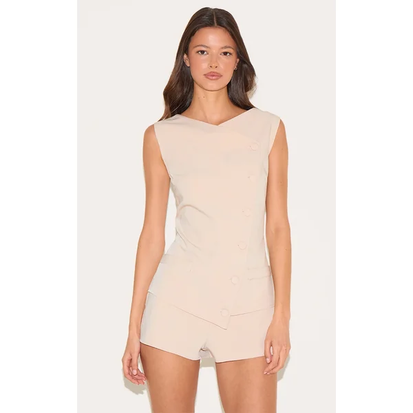 Sand Tailored Woven Asymmetric Button Detail Romper
