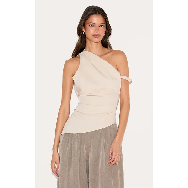 Sand Woven Asymmetric Hem Ruched Long Top
