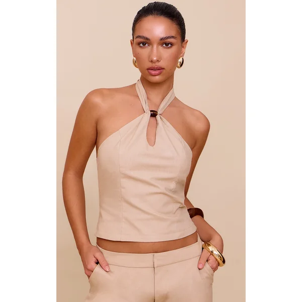 Sand Woven Bead Detail Halterneck Top