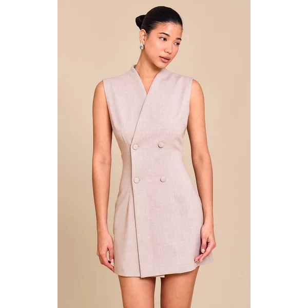 Sand Woven Collarless Button Mini Dress