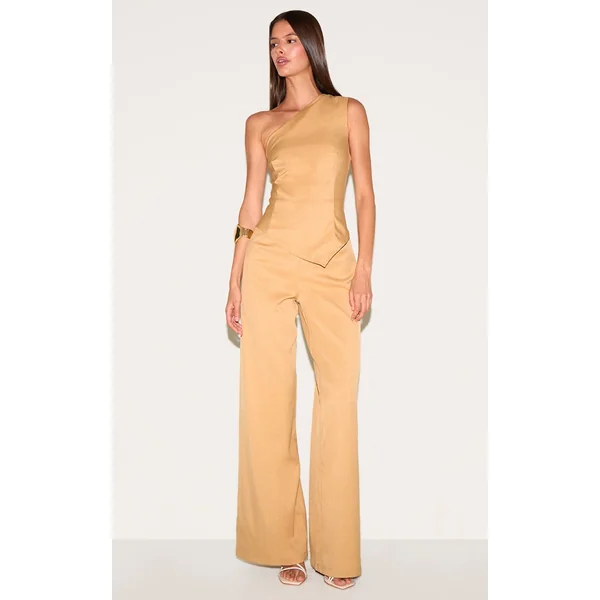 Sand Woven One Shoulder Wide Leg Jumpsuit
