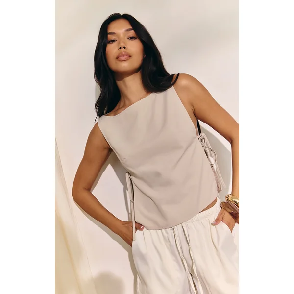 Sand Woven Open Tie Side Long Top