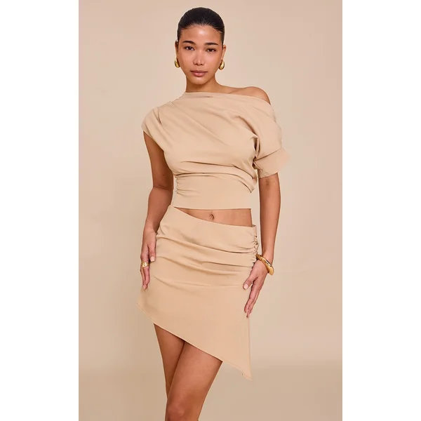 Sand Woven Ruched Asymmetric One Shoulder Top
