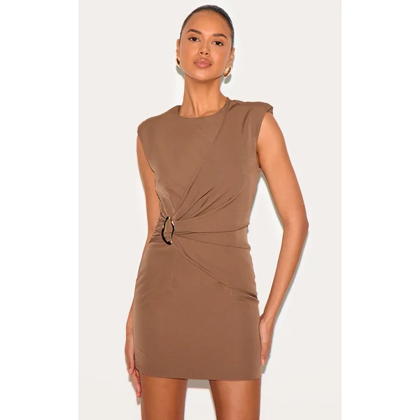 Sand Woven Ruched Trim Detail Mini Dress