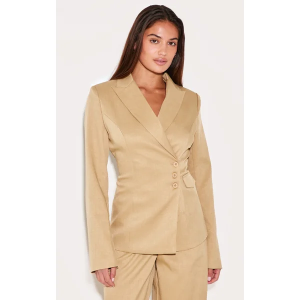 Sand Woven Tailored Cinched Waist Blazer