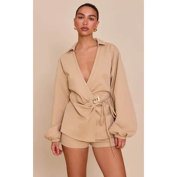 Sand Woven Tie Front Gold Hardware Detail Shirt