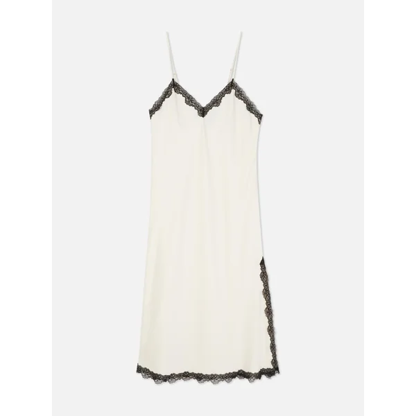 Satin Contrast Lace Chemise - Ivory