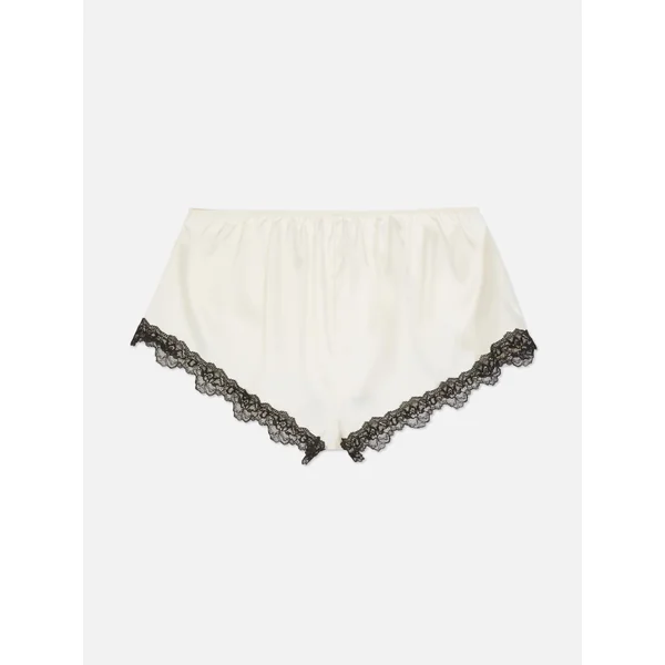 Satin Contrast Lace Pajama Shorts - Ivory