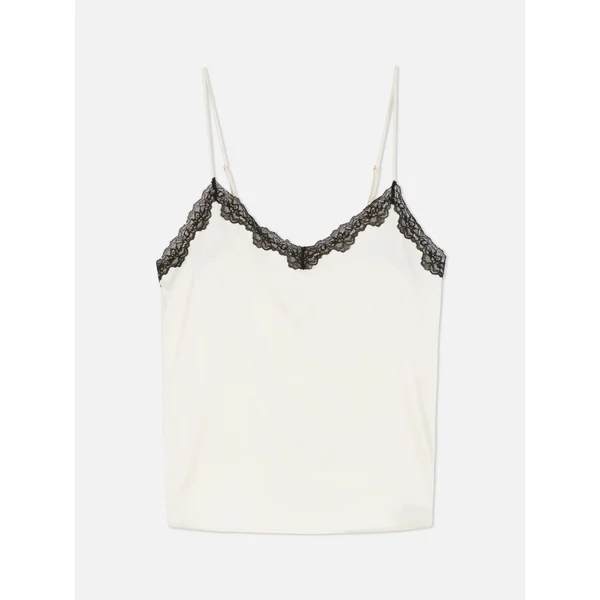 Satin Contrast Lace Trim Cami Pajama Top - Ivory