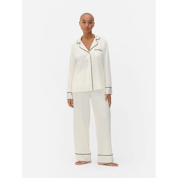 Satin Long Sleeve Shirt Pajama Set - Ivory