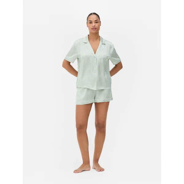 Satin Pajama Shirt and Shorts Set - Light Green