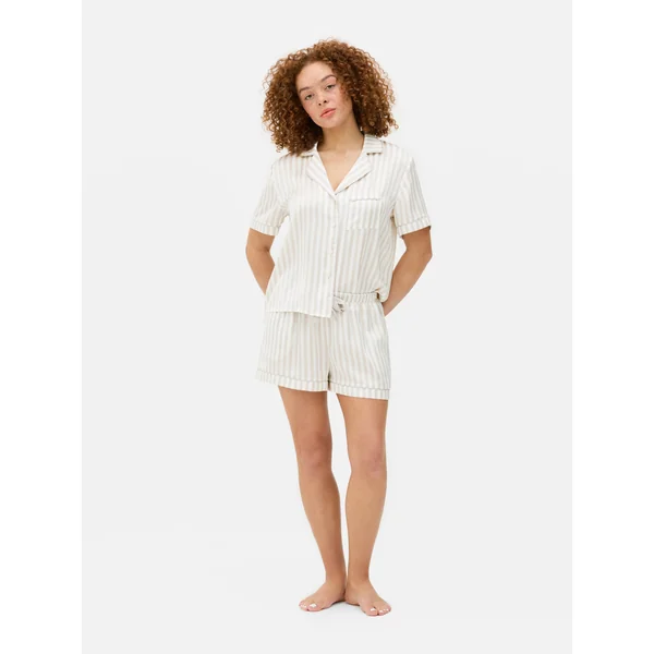 Satin Pajama Shirt and Shorts Set - Taupe