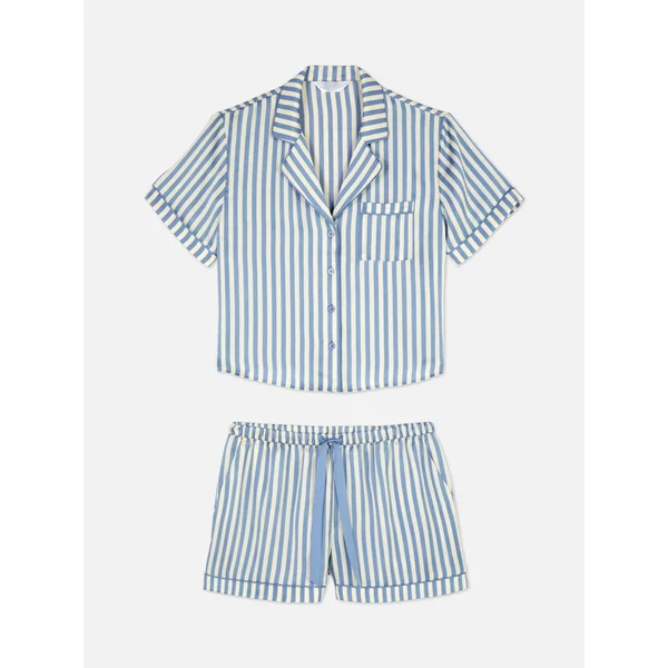 Satin Shirt & Shorts Pajama Set - Light Blue