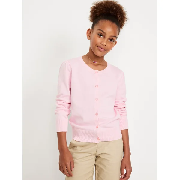 School Uniform Button-Up Cardigan for Girls - Preppy Pink