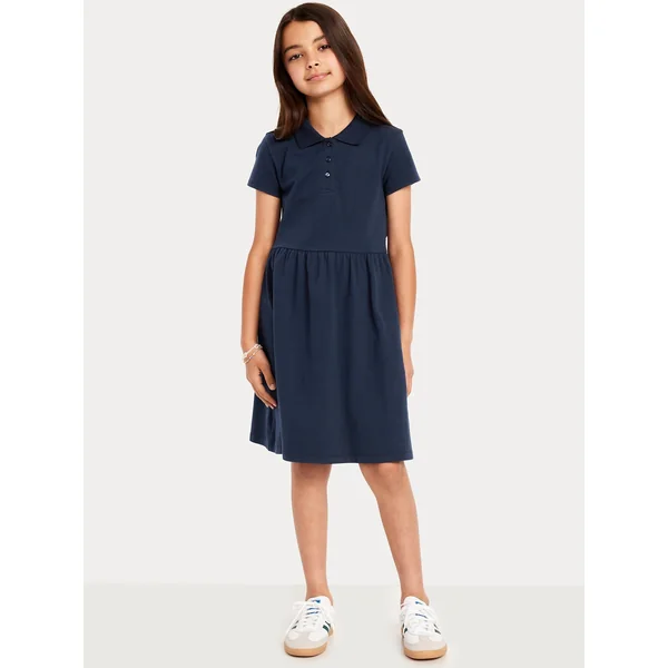 School Uniform Fit and Flare Pique Polo Dress for Girls - Ink Blue