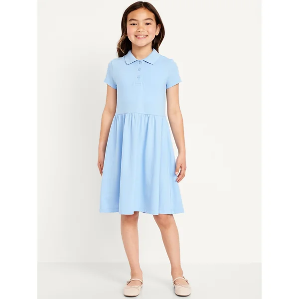 School Uniform Fit and Flare Pique Polo Dress for Girls - Monet Blue
