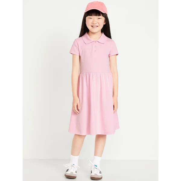School Uniform Fit and Flare Pique Polo Dress for Girls - Preppy Pink