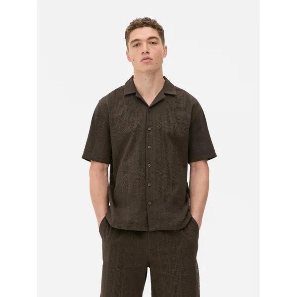 Seersucker Striped Short Sleeve Shirt - Brown