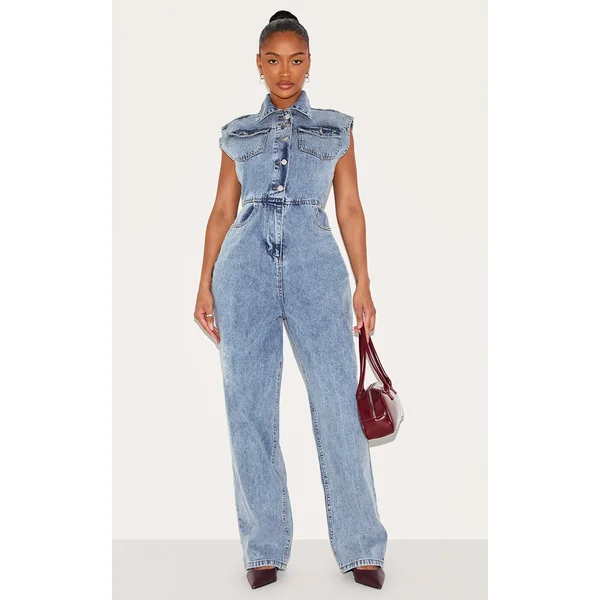 Shape Acid Blue Wash Sleeveless Rigid Denim Jumpsuit