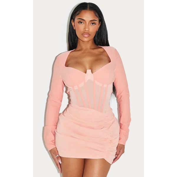 Shape Apricot Mesh Insert Corseted Ruched Side Mini Dress