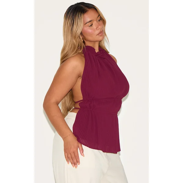 Shape Berry Pleated High Neck Open Back Top