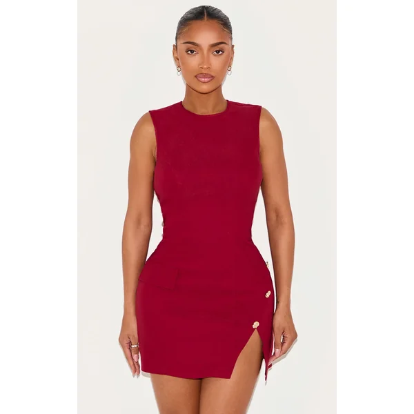 Shape Berry Stretch Woven Boat Neck Side Split Hammered Button Mini Dress