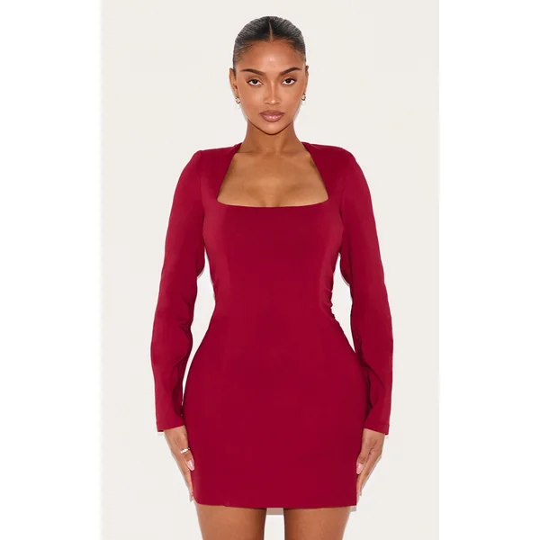 Shape Berry Stretch Woven Square Neck Long Sleeve Ruched Waist Mini Dress