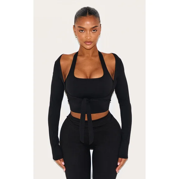 Shape Black Active Layered Long Sleeve Under Bust Support Strap Padded Top