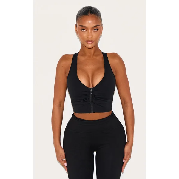 Shape Black Active Ruched Zip Front Cupped Sports Bra