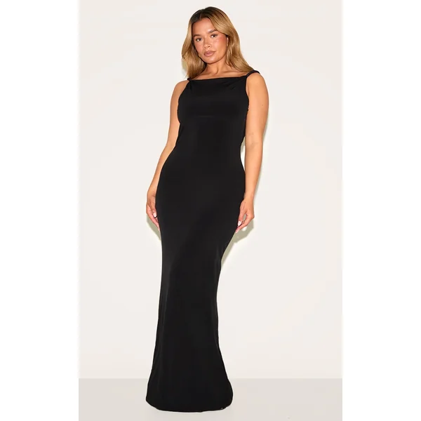 Shape Black Boat Neck Twist Shoulder Cowl Back Maxi Dress