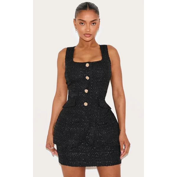 Shape Black Boucle Square Neck Layered Hammered Button Mini Dress
