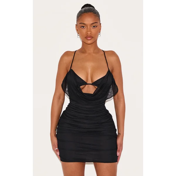Shape Black Bralet Detail Mesh Cowl Ruched Bodycon Dress