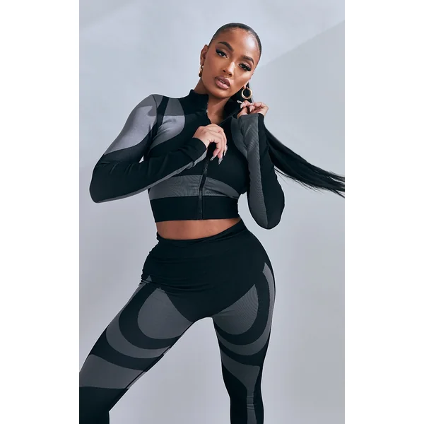 Shape Black Branded Contour Zip Long Sleeve Gym Top