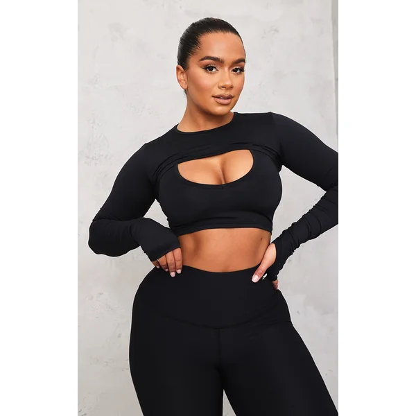 Shape Black Brushed Cotton Branded Active Overlay Crop Top