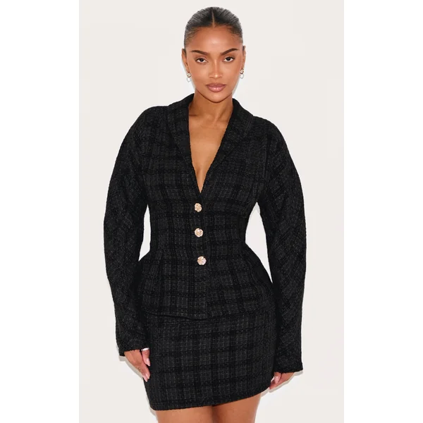 Shape Black Buckle Cinched Cocoon Sleeve Hammered Button Blazer