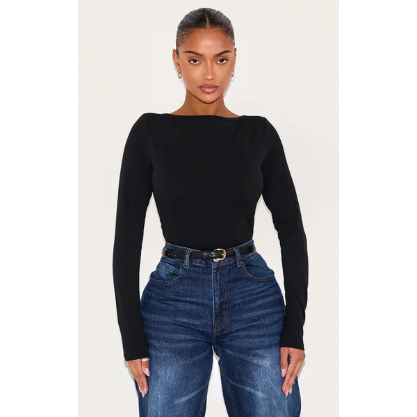 Shape Black Built In Bra Sculpt Boat Neck Long Sleeve Bodysuit