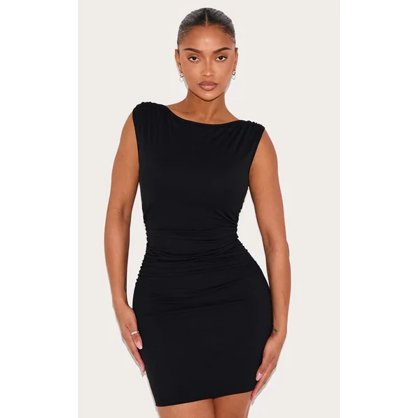 Shape Black Built In Bra Sculpt Boat Neck Ruched Side Mini Dress
