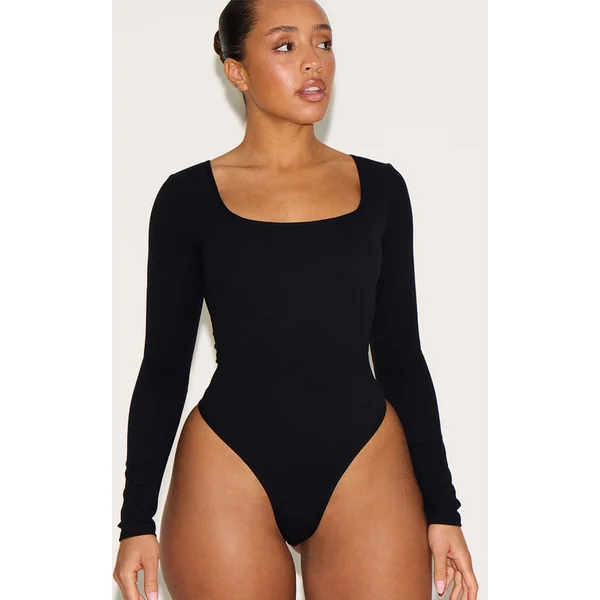 Shape Black Built In Bra Sculpt Square Neck Long Sleeve Bodysuit