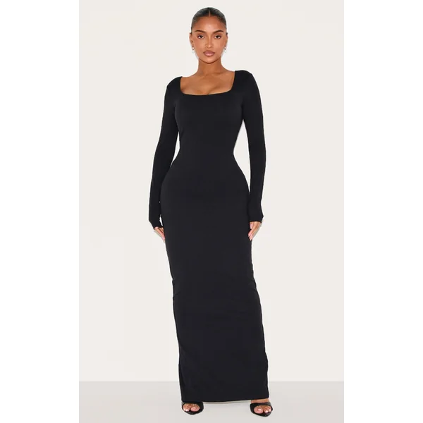Shape Black Built In Bra Sculpt Square Neck Long Sleeve Maxi Dress