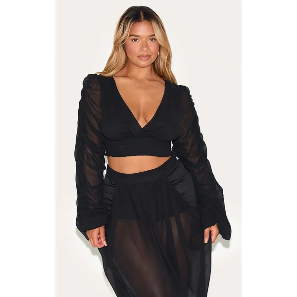 Shape Black Chiffon Balloon Sleeve Plunge Front Cinched Waist Blouse