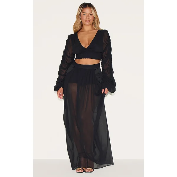 Shape Black Chiffon Highwaisted Drape Maxi Skirt